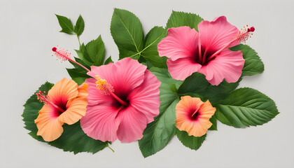 hibiscus flowers with green leave isolated on white background