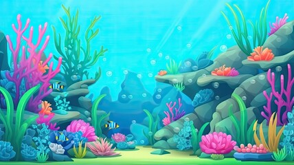 cartoon illustration of Underwater Oasis, coral, seaweed, and small fish swimming amidst the serene blue waters.