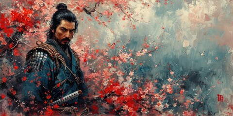 Samurai Amidst Blossoms - obrazy, fototapety, plakaty