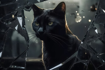 Black cate reflected in the shattered pieces of a mirror, bad luck