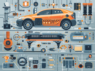 Detailed illustration showing an exploded view of an electric vehicle and its various parts and components.
