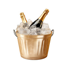 Champagne bottle in a bucket with ice on the white background