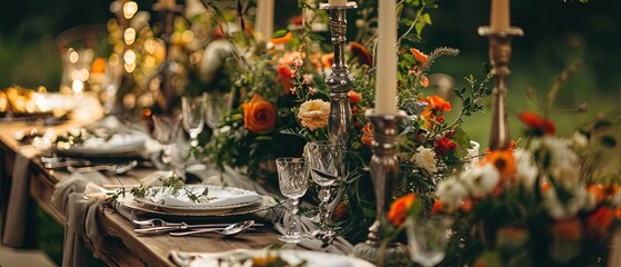Elegant wedding table setting with a long silver metal candlesticks amidst flower arrangements