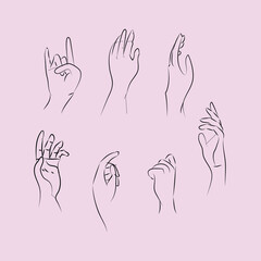 Woman hands line. Outline drawn female different position elegant beauty hands icons collection, trendy minimalistic illustration. Simple fashion logo tattoo design manicure.