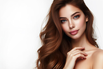 Fototapeta premium Beauty, hair care and salon with portrait of woman on solid white bright background. ai generative