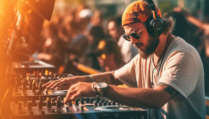DJ is mixing music with deejay controller at outdoor summer pool or beach party - nightlife people lifestyle concept - obrazy, fototapety, plakaty