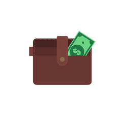 wallet and money flat design vector illustration. Flat Design Banking and Finance Wallet. Brown wallet with green paper money. Wallet with money dollar banknote