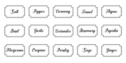 Set of vector kitchen sticker, spice pepper label, herb tag, spicy emblem, paper, salt, ginger, thyme, sugar, jar label