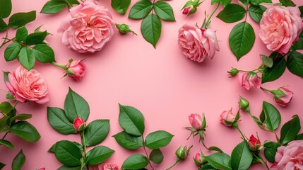 Rose flowers with green leafs on pink background