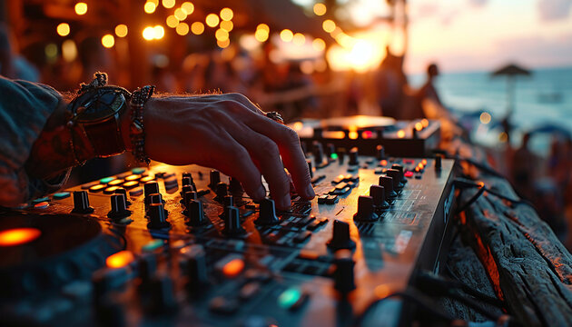 DJ is mixing music with deejay controller at outdoor summer pool or beach party - nightlife people lifestyle concept