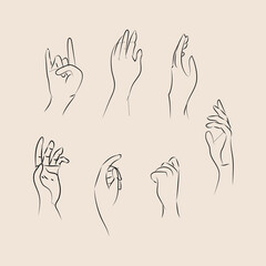 Woman's hand icon collection line.Elegant female hands of different gestures. Lineart in a trendy minimalist style.