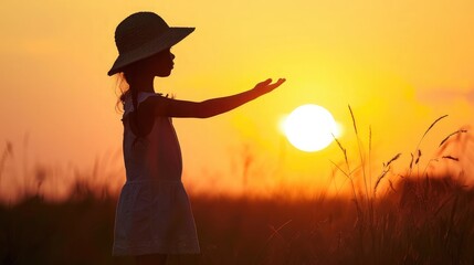 Silhouette of dreaming little girl in hat pulls hand to warm sun Religion helping hand Preteen child enjoy beautiful summer nature during amazing sunset or sunrise Prayer in religion concept