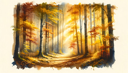 a watercolor painting, the atmosphere of an autumn forest