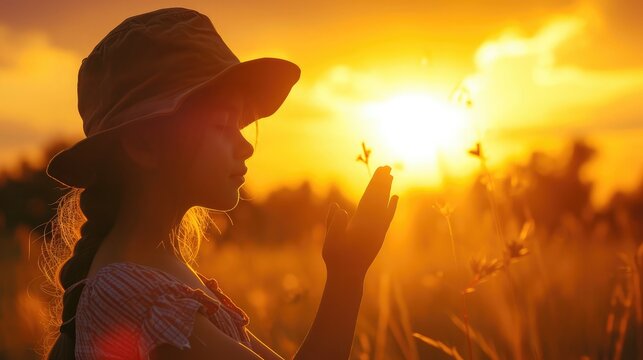 Silhouette of dreaming little girl in hat pulls hand to warm sun Religion helping hand Preteen child enjoy beautiful summer nature during amazing sunset or sunrise Prayer in religion concept