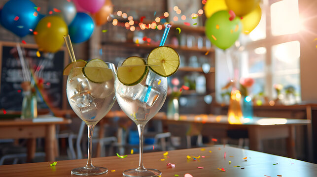 Cinematic photograph of two gin tonic sparkling cocktail with lime  at a highschool classroom. Heart shaped balloons and confeti. Valentines. Love