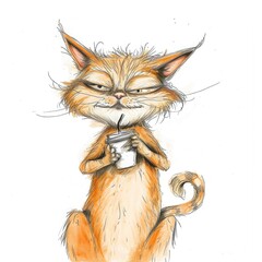 funny cat with takeaway coffee, white background