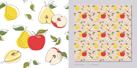 Pears and apples. Whole and halves of fruits. Summer seamless pattern background. One line drawing. Vector illustration. Pattern for modern design of fabric, wallpaper, wrapping, stationery, textile.