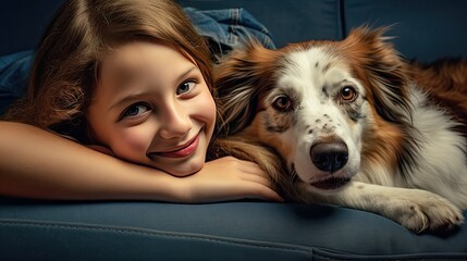child and dog lying on the sofa