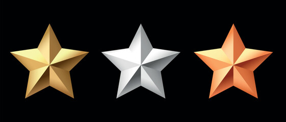 Obraz premium Golden, bronze, silver glossy metallic stars 3d realistic style. Leadership, game award, customer feedback symbol vector illustration isolated on black background