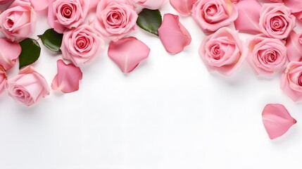 Top view of pink rose flower isolated background. empty space Wedding invitation cards. Valentine's day or mother day holiday concept  - Powered by Adobe