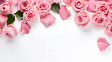 Rolgordijnen Top view of pink rose flower isolated background. empty space Wedding invitation cards. Valentine's day or mother day holiday concept  © Ziyan