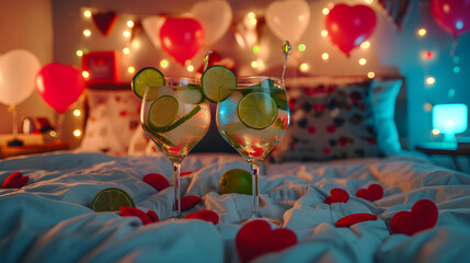Cinematic photograph of two gin tonic sparkling cocktail with lime  in a bedroom. Moonlight. Dim lights Heart shaped balloons and confeti. Valentines. Love