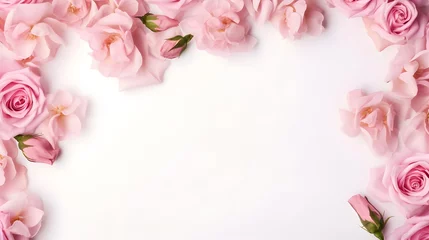 Foto op Canvas Top view of pink rose flower isolated background. empty space Wedding invitation cards. Valentine's day or mother day holiday concept  © Ziyan