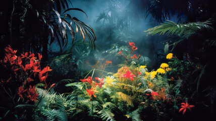 Fototapeta na wymiar Üppige Landschaft mit exotischen pflanzen und Blumen 