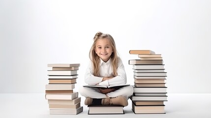 girl with books sitting on a floor in library