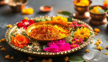 Beautifully Decorated Pooja Thali for festival celebration to worship, haldi or turmeric powder and kumkum, flowers, scented sticks in brass plate, hindu puja thali - obrazy, fototapety, plakaty