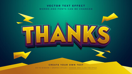Vector Editable 3D yellow purple text effect. Thanks graphic style on gradient green background