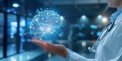 futuristic digital x-ray of a brain in doctor hand,  Ai, Technology, Human Brain, Doctors - obrazy, fototapety, plakaty