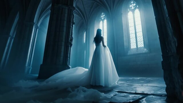 Female ghost silhouette. Beautiful scary horror scene. Mystery dead bride in wedding dress inside ancient gothic castle. Creepy woman shadow. Pretty girl spirit walk indoor. Mysterious person story.
