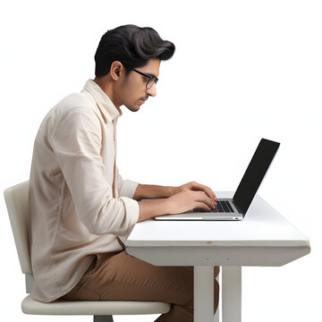 Young adult with poor posture while using a computer isolated on white background, minimalism, png
