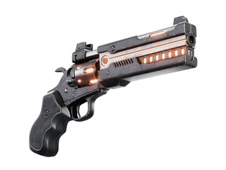 Science fiction futuristic military assault laser gun. Concept design high-tech luminous drum firearm in cyberpunk style with cartridges, black color scratched metal. 3d render isolated transparent.
