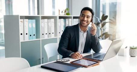 Phone call, laptop and talking business man, bank consultant or advisor feedback on research...