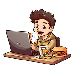 Individual eating fast food while working at a computer isolated on white background, doodle style, png

