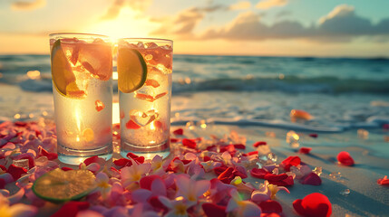 Cinematic photograph of two gin tonic sparkling cocktail with lime  at a tropical beach. Sunlight. Heart shaped balloons and confeti. Valentines. Love