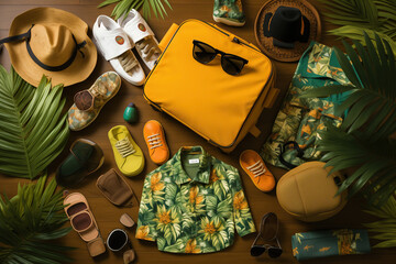 Vibrant Summer Vacation Wardrobe and Accessories Flat Lay on Wooden Background. Top View Creative Color Design Concept