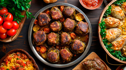 Fritter and dolma are standing on a large table