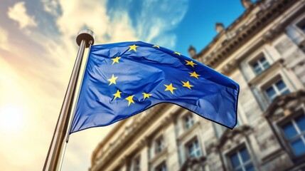 The EU flag is flying on the historic building