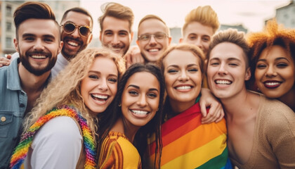 Group of young activist for lgbt rights with rainbow flag, diverse people of gay and lesbian community - obrazy, fototapety, plakaty
