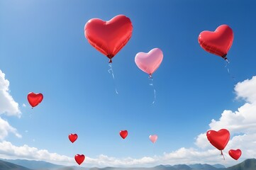 Heart-shaped balloons soaring against a clear sky
