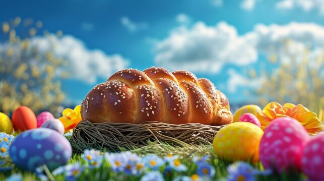  beautiful Easter bun next to colored eggs