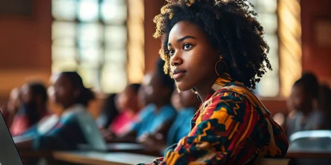 Fotobehang Gorgeous Multiracial African College Student Learning with Varied Peers. Youthful Ebony Lady Utilizing a Notebook. Utilizing Her Expertise to Obtain Academic Abilities in Lecture. © ckybe