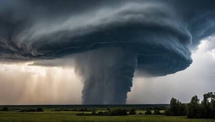 Obraz premium Tornado disaster - environment landscaped image. Nature power concept. Climate change. Weather illustration. Adventure travel conceptual photography style. Dramatic cloudscape. Cinematics light.