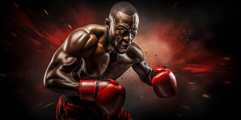 professional boxer punching on black background