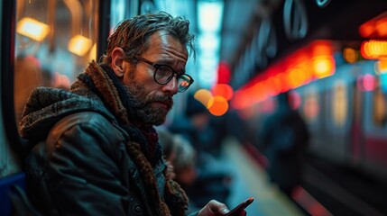 Pensive Man on Subway Train Absorbed in Smartphone with City Lights in Background