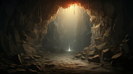 Mystical Cave Entrance Illuminated by a Shaft of Light, Evoking Exploration and Wonder
