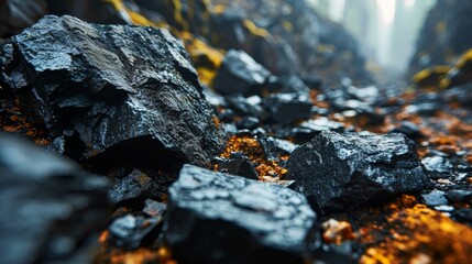 Rugged Charcoal Rocks Against Fiery Amber Foliage in a Misty Forest Setting